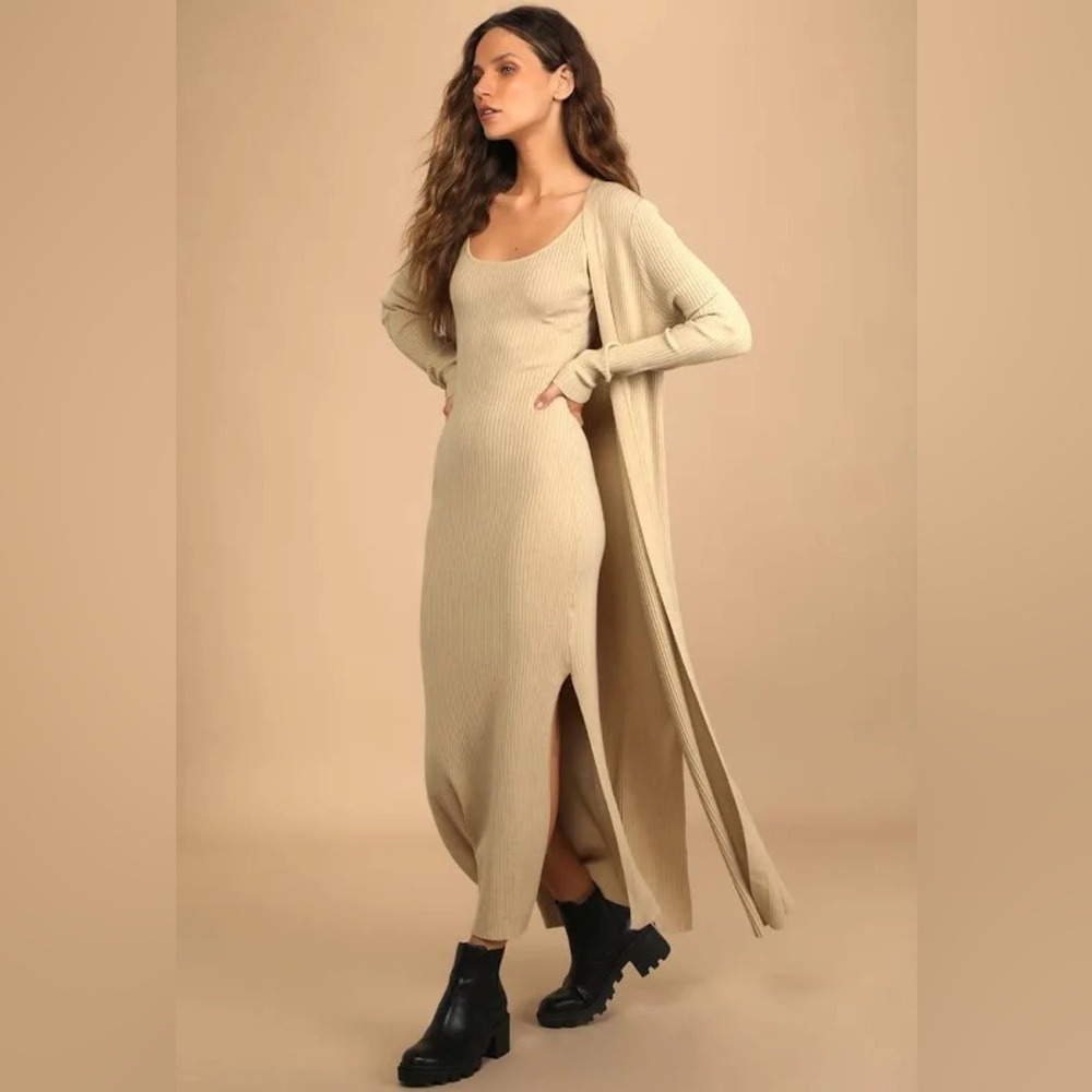 Lulus Ribbed Maxi Dress and Duster Set in Tan/Beige